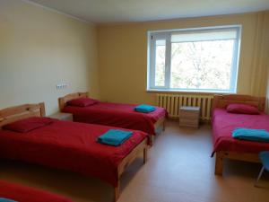 a room with three beds and a window at Kuremaa Külalistemaja in Kuremaa