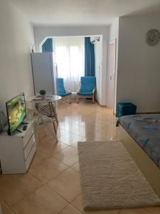 1 dormitorio con 1 cama y TV y sala de estar. en Studio Garsoniera 552, en Bucarest