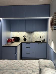 a kitchen with blue cabinets and a bed in a room at Apartments Weintrauben in Pärnu +14 photos