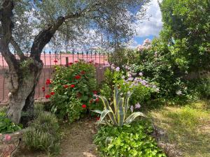 un jardín con flores frente a una valla en CASA RURAL La Moranta, en Herguijuela