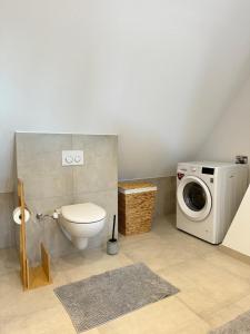 a bathroom with a toilet and a washing machine at Ferienwohnung im Grünen Haus in Herbolzheim +6 photos