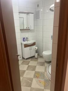 a small bathroom with a toilet and a sink at Türkmen hotel in Istanbul
