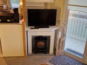 a living room with a tv and a fireplace at Browns caravan rentals, ingoldmells 4 berth caravan silver beach in Ingoldmells +1 photo