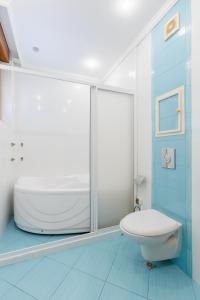 La salle de bains est pourvue de toilettes et d'une douche en verre. dans l'établissement Apartments DreamBG, à Sozopol