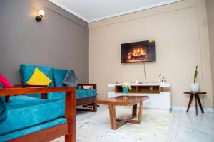 uma sala de estar com um sofá azul e uma lareira em Olive homes em Kampala