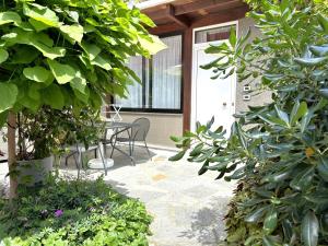 patio ze stołem, krzesłami i roślinami w obiekcie Hotel Delle Rose w mieście San Bartolomeo al Mare