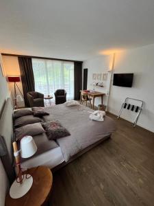 1 dormitorio con 1 cama grande y escritorio en Hotel Alfa Superieur - Leukerbad-Therme en Leukerbad