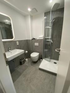 a bathroom with a toilet and a sink and a shower at Zur Waldlust in Frankfurt/Main