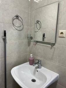 een badkamer met een wastafel en een spiegel bij Junona in Makhinjauri