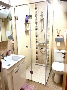 a bathroom with a shower and a toilet and a sink at Апартамент Франческа in Varna City +55 photos