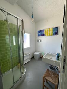 uma casa de banho com um chuveiro, um lavatório e um WC. em Boutique Art Villa Maria em Olbia