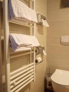 a small bathroom with a toilet and towels at Hotel Sleep & Dream Nähe Europa Park und Rulantica in Ringsheim