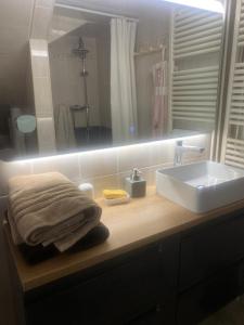a bathroom counter with a sink and a mirror at Chambres et table d'hôtes Floromel La Souterraine en rez de chaussee in La Souterraine