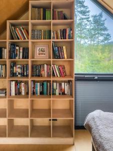 półka z książkami obok okna w obiekcie Dom na Kaszubach Lektura w mieście Fingrowa Huta