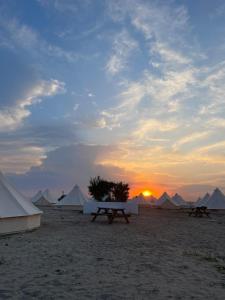 un grupo de tiendas de campaña en una playa con puesta de sol en Faleza23, en Olimp