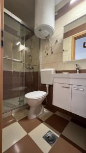 a bathroom with a toilet and a shower and a sink at Pristina City Apartment in Pristina