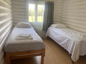 two twin beds in a room with a window at Kliff Butiik Majutus & Restoran in Panga