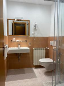 a bathroom with a sink and a toilet and a mirror at Green Quiet Affittacamere in Pignone
