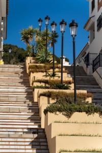 um conjunto de escadas com luzes de rua e palmeiras em I AM Benalmádena em Benalmádena