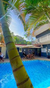 a palm tree in front of a swimming pool at POUSADA BRISA MAR in Ubatuba