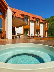 a swimming pool in front of a house at Scrind 11 - Madleine Chalet in Cluj-Napoca