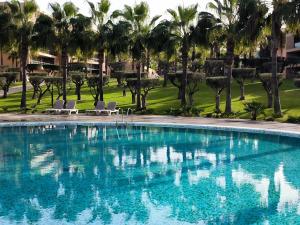 une grande piscine avec des palmiers en arrière-plan dans l'établissement Salgados Beach&Golf - Praia dos Salgados, à Albufeira