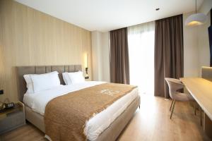 a hotel room with a bed and a desk at Regina Palm Resort in Orikum