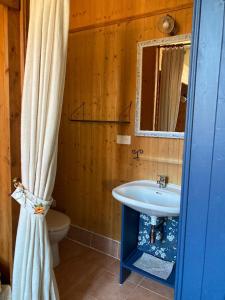 een badkamer met een wastafel, een toilet en een spiegel bij Casa Bella in Charroux-dʼAllier