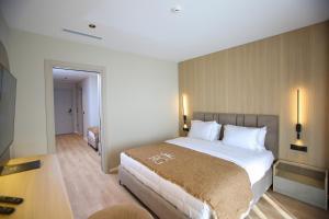 a hotel room with a large bed and a desk at Regina Palm Resort in Orikum