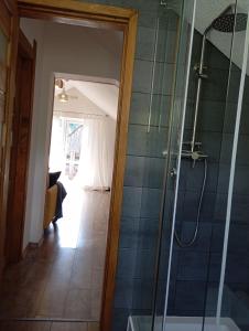 a bathroom with a shower with a glass door at gonta cottage in Slavske
