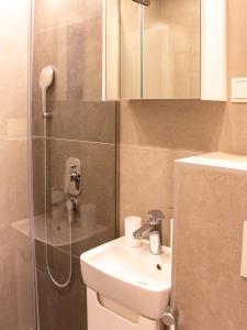 ein Badezimmer mit Waschbecken und Dusche in der Unterkunft Cheyf Modern Studio in Center in Sarajevo + 12 Fotos