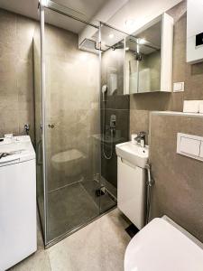 ein Badezimmer mit Dusche, Toilette und Waschbecken in der Unterkunft Cheyf Modern Studio in Center in Sarajevo