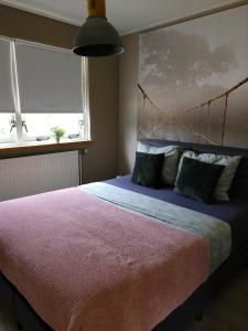 1 dormitorio con 1 cama grande y ventana grande en Secret Wellness Oase, en Holten