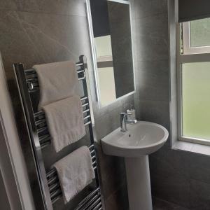 uma casa de banho com um lavatório e um espelho em Farmleigh House, em Donegal