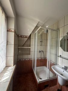 une salle de bain avec douche et lavabo dans l'établissement Pokoje Regle 30, à Zakopane