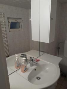 a bathroom with a sink with a mirror and a bottle of soap at Haus Sonnenschein in Trogen
