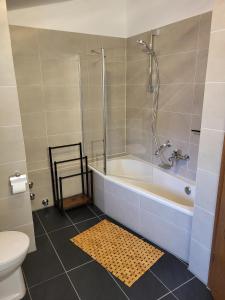a bathroom with a tub and a toilet at Ferienwohnung Neubauer in Eggstätt +7 photos