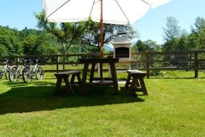 a picnic table and two benches under an umbrella at Apartamentos El Castañeu in Corao