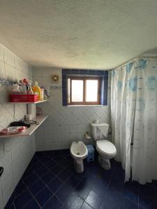 a small bathroom with a toilet and a sink at Villa Mance in Berat