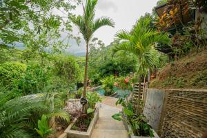 a garden with palm trees and a walkway at Costeño River Minca in Minca