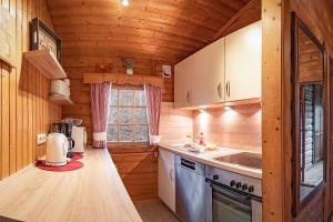 a kitchen in a log cabin with a sink and a stove at Bergchalet La Roubine Willingen in Neerdar