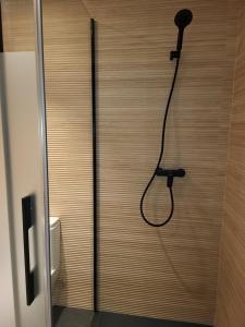 prysznic z wężem przymocowanym do drewnianych drzwi w obiekcie Bilbao ciudad del mundo, piso 90 m2, Parking gratis, arte teletrabajo y ocio, w mieście Bilbao