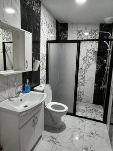 y baño con aseo, lavabo y ducha. en İdeal Butik Otel, en Arnavutköy