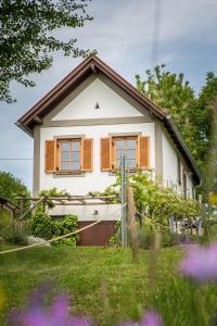 ein kleines weißes Haus mit orangefarbenen Fensterläden in der Unterkunft WEINLOFTS Weinloft I in Edlitz im Burgenland