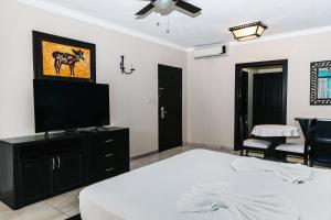 um quarto com uma cama e uma televisão de ecrã plano em Hotel Brisa em Punta Cana