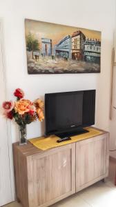 En tv och/eller ett underhållningssystem på 2 bedrooms apartement with enclosed garden and wifi at Torre Guaceto 2 km away from the beach