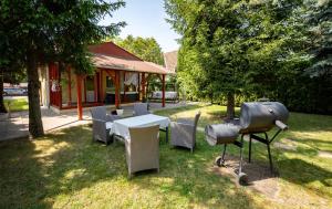 - un barbecue, une table et des chaises dans la cour dans l'établissement Szilvia Jakuzzis Vendégház Szarvas, à Szarvas