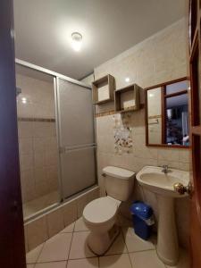 La salle de bains est pourvue de toilettes, d'un lavabo et d'une douche. dans l'établissement Hostal COLUMBIA, à Moquegua
