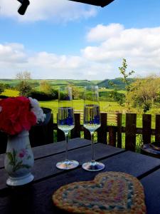 a table with three wine glasses and a vase with flowers at Foxglove Accommodation in Craven Arms
