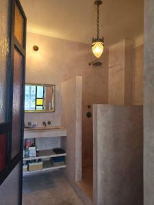 a bathroom with a shower with a mirror and a sink at stijlvol appartement centrum oostende in Ostend